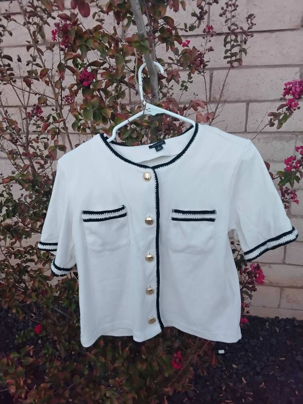 Ann Taylor White Short-Sleeve Top with Black Trim